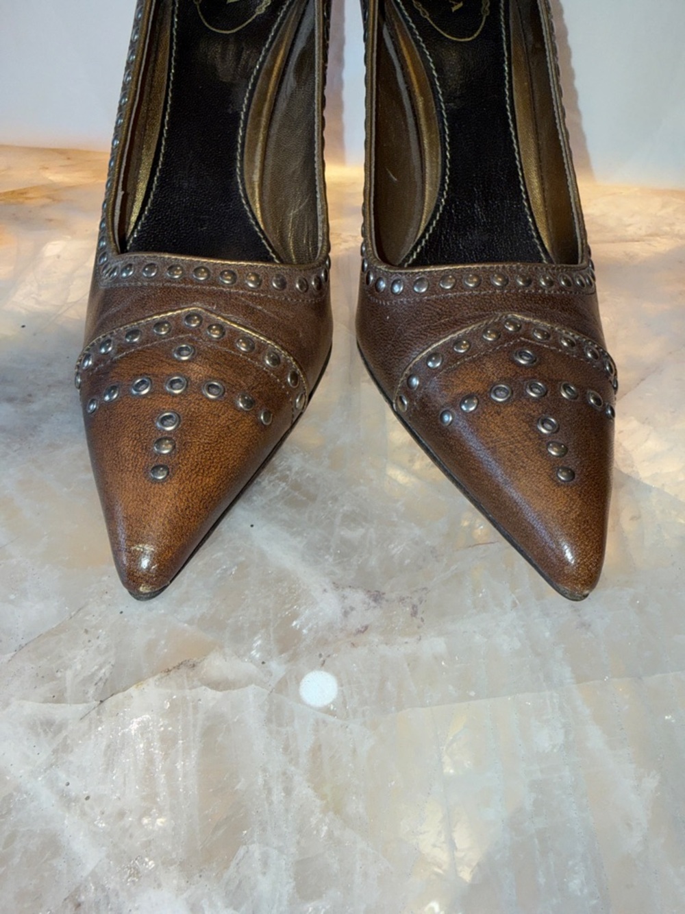 Prada Brown Studded Pointed Leather Pumps - Picture 5 of 9